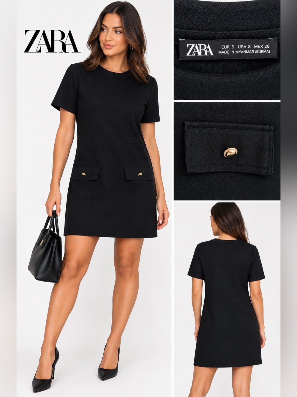 ZARA Black Mini Shift Dress with Gold Button Details